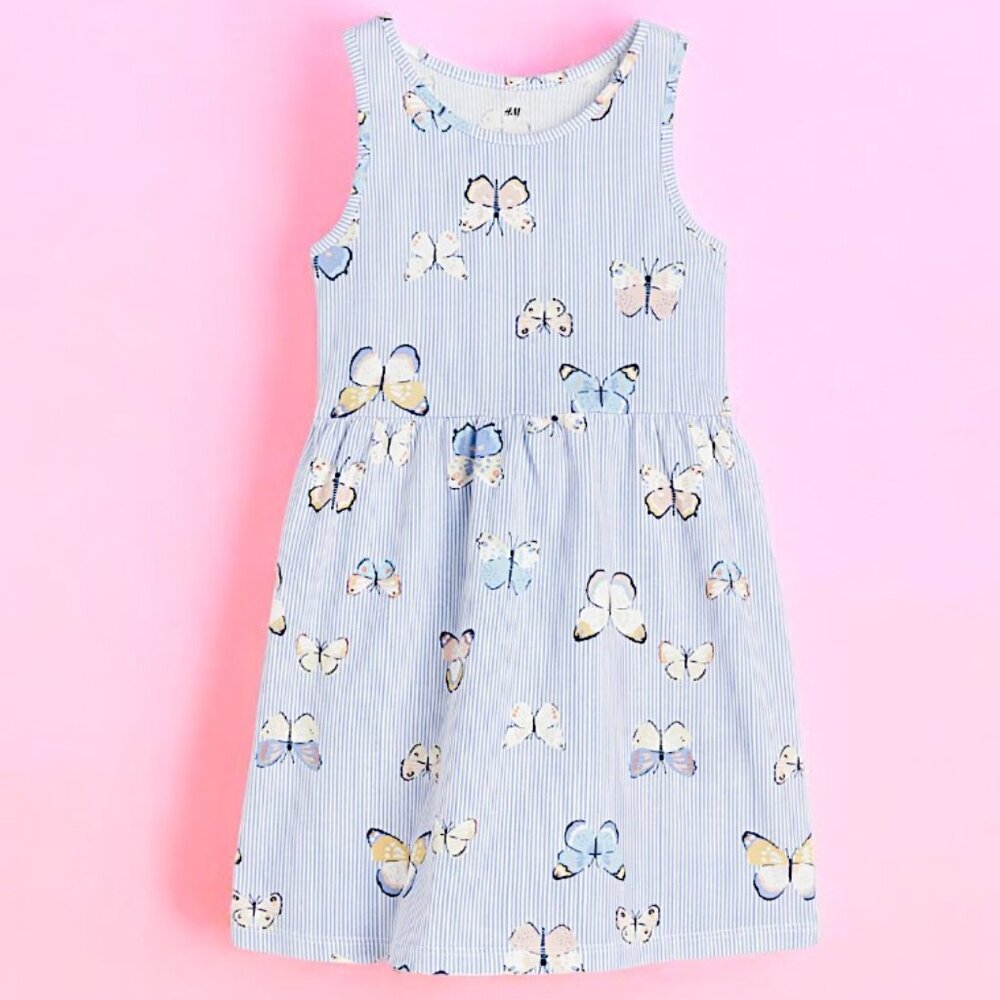 H&M Soft Blue Stripes Butterflies Sleeveless dress 100% Cotton Sting free summer